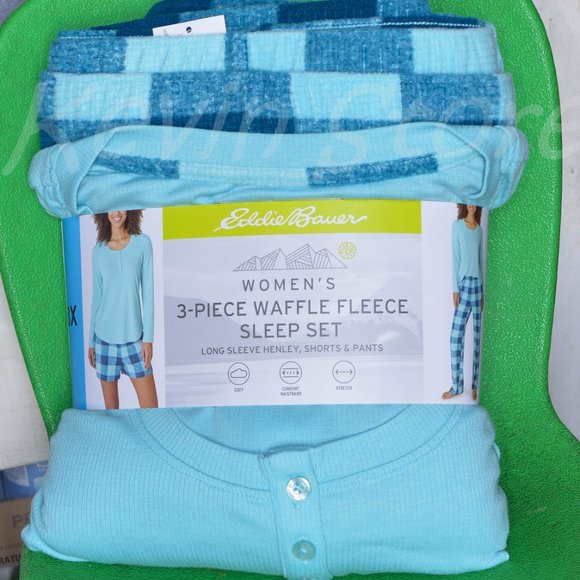 BLUE NWT Waffle Fleece Pajamas Set Eddie‎ Bauer Ladies' 3-Piece - Picture 1 of 4